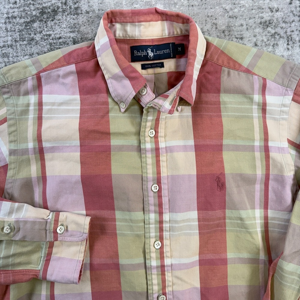 VTG Polo Ralph Lauren Shirt Mens Medium Colorful Plaid Woven Cotton 90s Pony